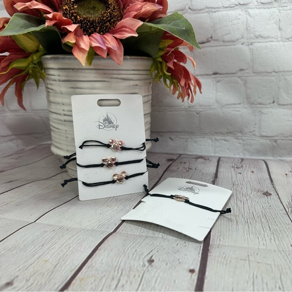 NWT Disney Black cord Bracelets rose gold colored minnie Charm "squad goals" 4pc - Picture 1 of 4